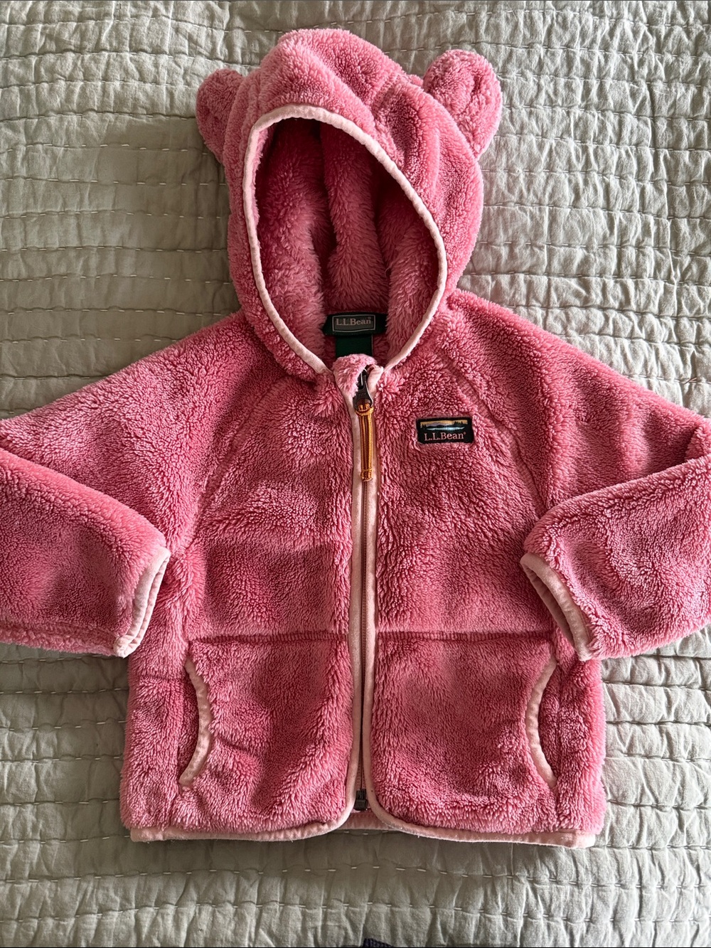 L.L. Bean Plush Pink Hooded Baby Jacket with Bear Ears